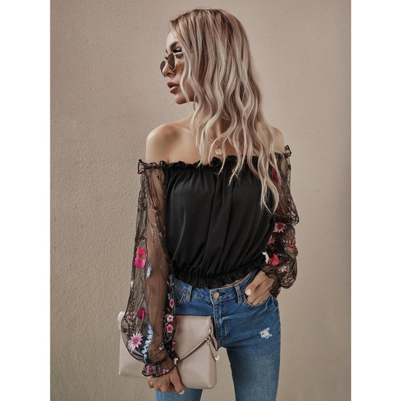 off the shoulder long sleeve sheer Flower Mesh Embroidered Sleeve black Top - Picture 3 of 7